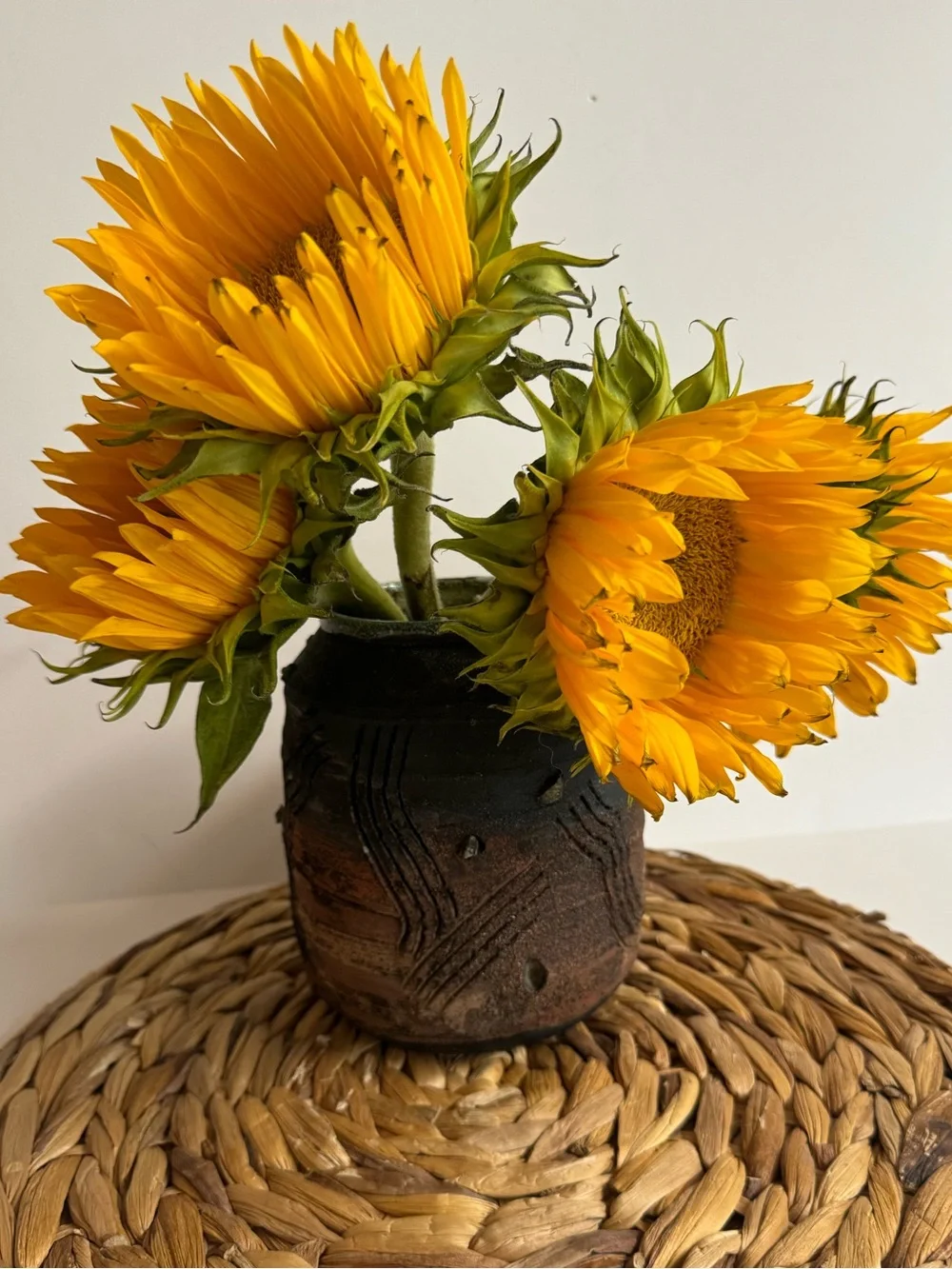 Raku Vintage Stamped Handcrafted Rustic Black and Brown Pottery Vase.Primitive